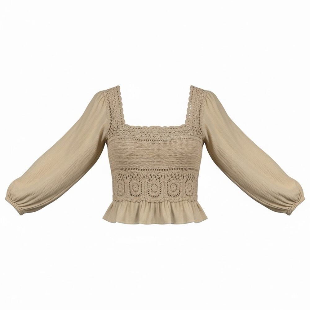 Cream Gauze/Crochet Shirt Boho Ren Festival Cottage Coquette Cotton Size L - Picture 2 of 7